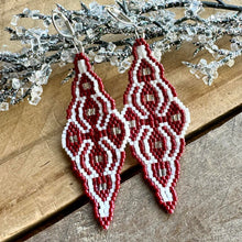 Load image into Gallery viewer, Moroccan Tile Beaded Earrings, Cranberry Red, White and Silver, Boho Chic, Handmade (Copy)
