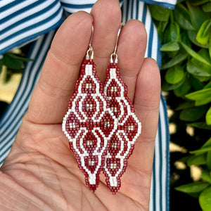 Moroccan Tile Beaded Earrings, Cranberry Red, White and Silver, Boho Chic, Handmade (Copy)