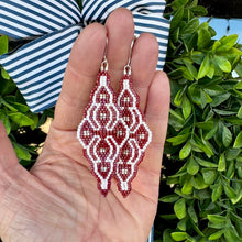 Load image into Gallery viewer, Moroccan Tile Beaded Earrings, Cranberry Red, White and Silver, Boho Chic, Handmade (Copy)
