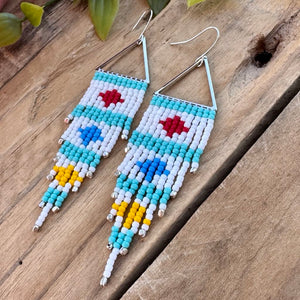 Multi-Colored Fringe Earrings on Triangle Frame, White, Turquoise, Blue, Red, Yellow