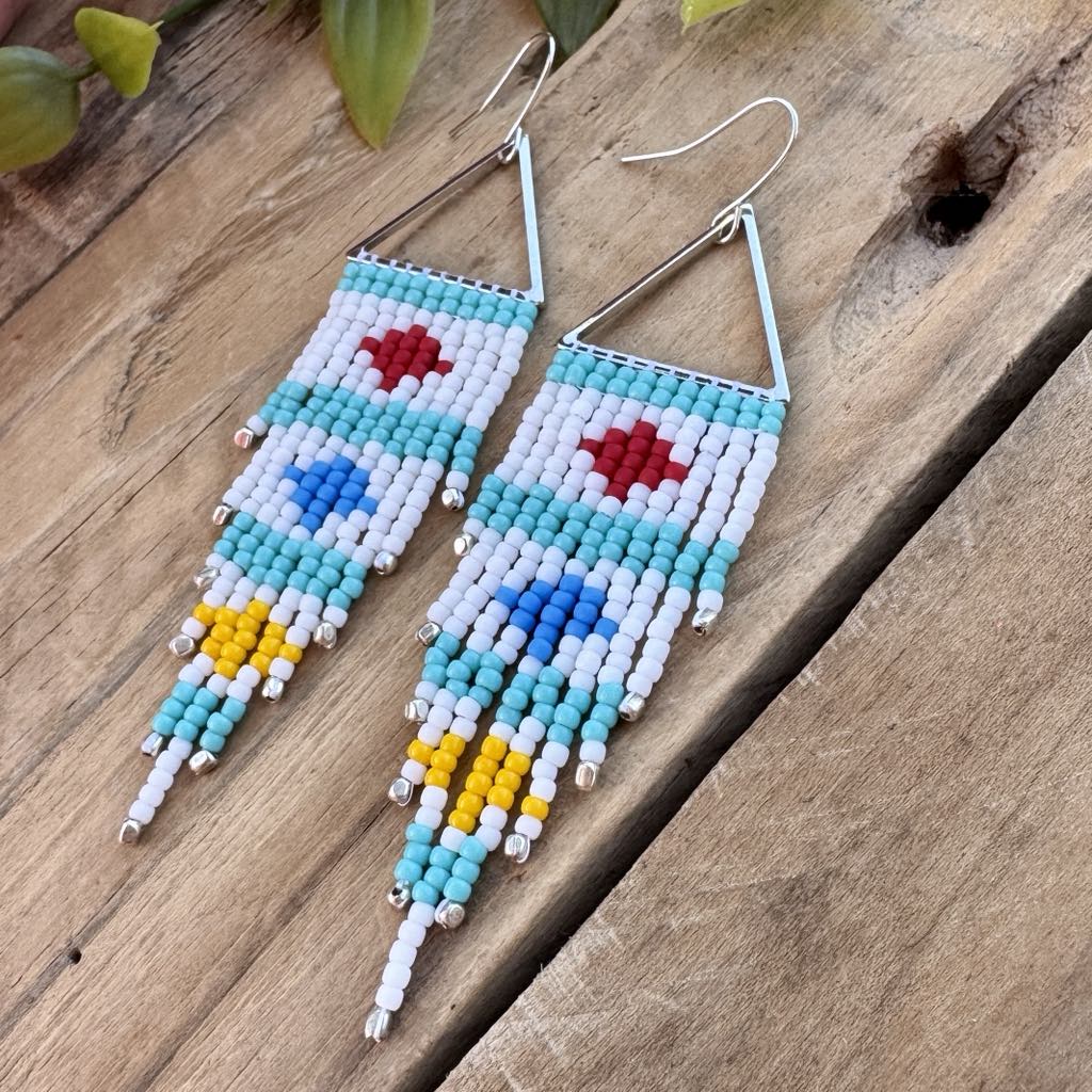 Multi-Colored Fringe Earrings on Triangle Frame, White, Turquoise, Blue, Red, Yellow