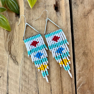 Multi-Colored Fringe Earrings on Triangle Frame, White, Turquoise, Blue, Red, Yellow