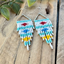 Load image into Gallery viewer, Multi-Colored Fringe Earrings on Triangle Frame, White, Turquoise, Blue, Red, Yellow
