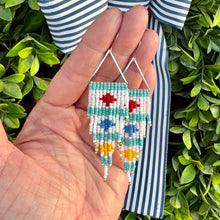 Load image into Gallery viewer, Multi-Colored Fringe Earrings on Triangle Frame, White, Turquoise, Blue, Red, Yellow
