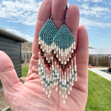 Load image into Gallery viewer, Turqoise, Ivory, Pink, Wine, Gold Beaded Fringe Earrings, Traditional Chevron Pattern, Nickel Free
