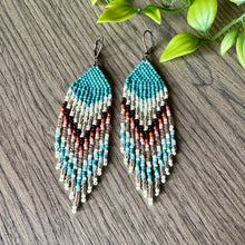 Load image into Gallery viewer, Turqoise, Ivory, Pink, Wine, Gold Beaded Fringe Earrings, Traditional Chevron Pattern, Nickel Free
