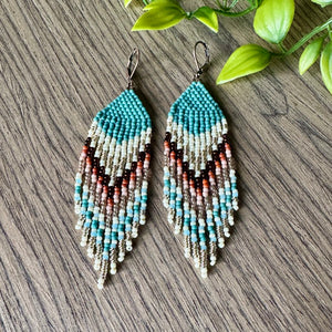 Turqoise, Ivory, Pink, Wine, Gold Beaded Fringe Earrings, Traditional Chevron Pattern, Nickel Free