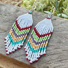 Load image into Gallery viewer, Multicolor Chevron Striped Beaded Fringe Earrings, White, Turquoise, Red, Yellow, Lime Green, Purple
