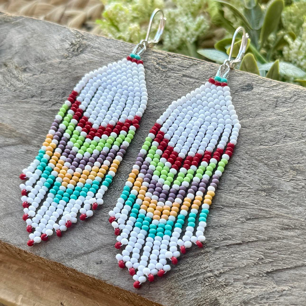 Multicolor Chevron Striped Beaded Fringe Earrings, White, Turquoise, Red, Yellow, Lime Green, Purple