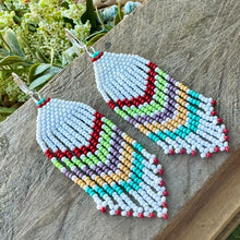 Load image into Gallery viewer, Multicolor Chevron Striped Beaded Fringe Earrings, White, Turquoise, Red, Yellow, Lime Green, Purple
