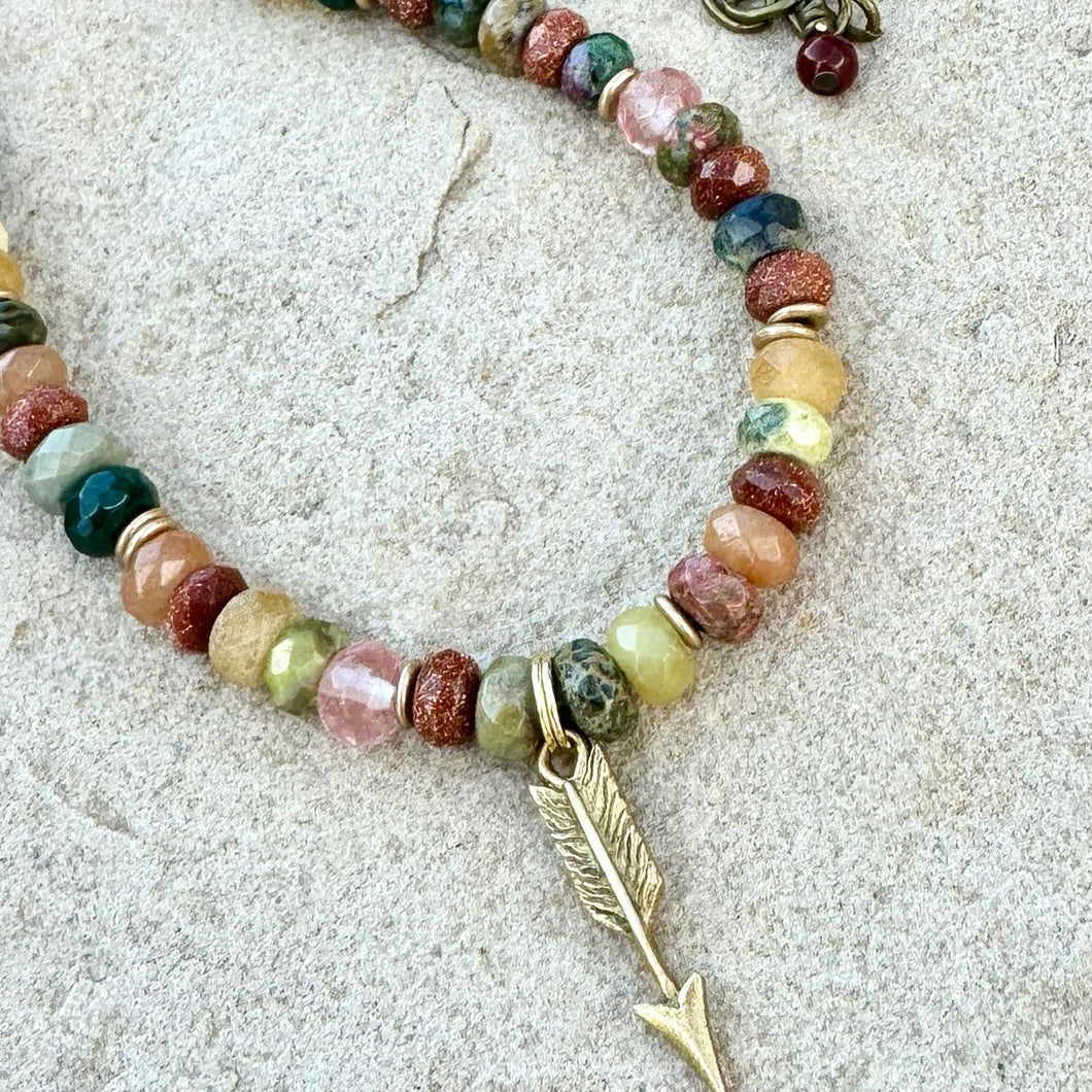 Multi-Gemstone Faceted Beaded Necklace with Gold Arrow Charm, 4x5-6mm