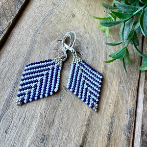 Navy Blue White and Silver Beaded Earrings, Dangle,
