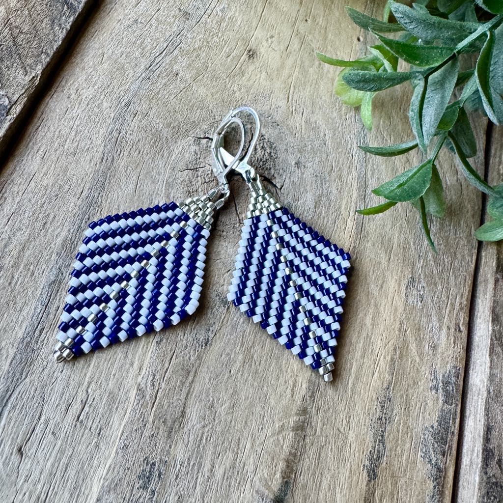 Navy Blue White and Silver Beaded Earrings, Dangle,