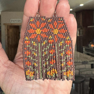 Autumn Colors Flower Beaded Seed Bead Fringe Earrings, Brown, Orange, Mustard Yellow, Sage Green