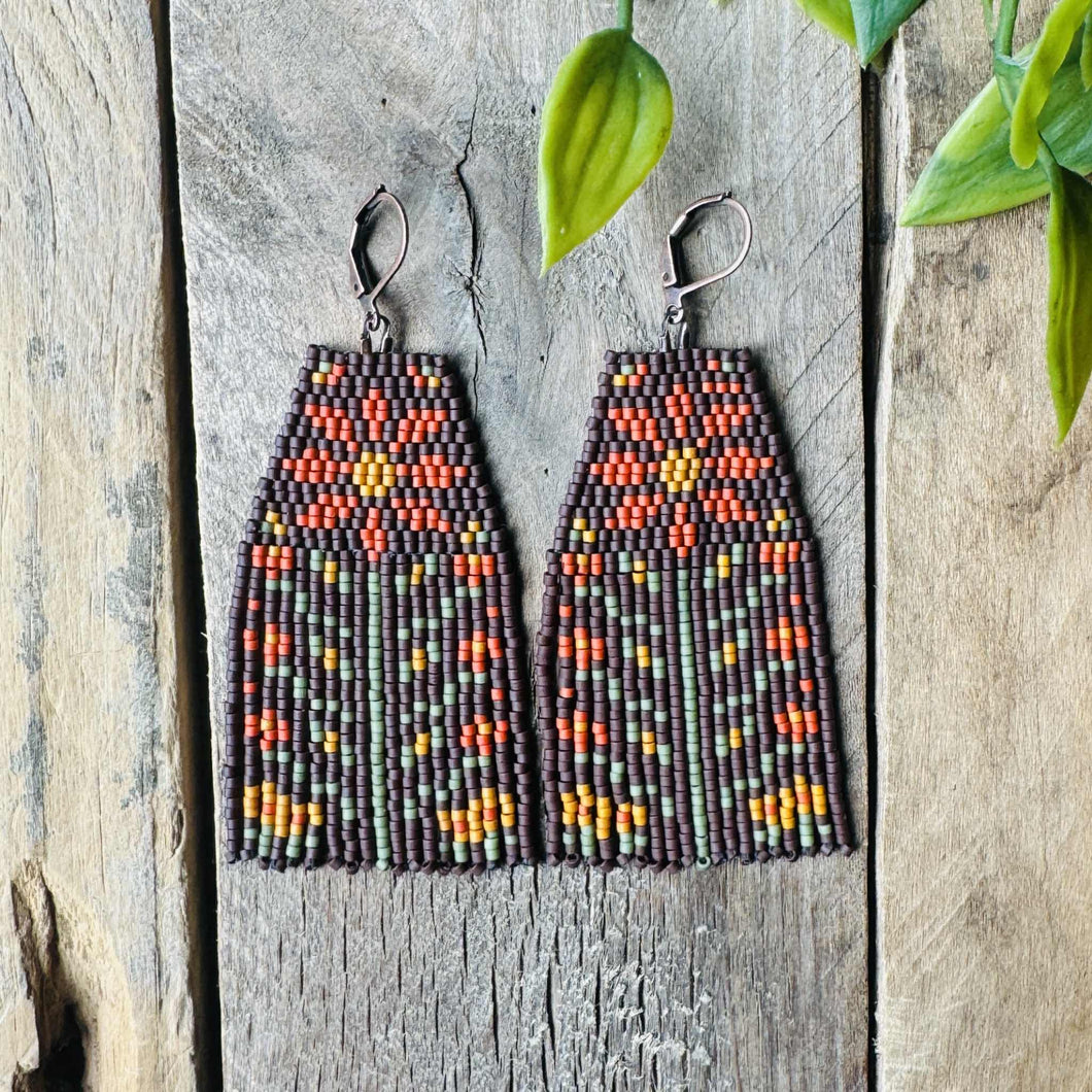 Autumn Colors Flower Beaded Seed Bead Fringe Earrings, Brown, Orange, Mustard Yellow, Sage Green
