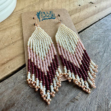 Load image into Gallery viewer, Pink and Cream Chevron Beaded Fringe Earrings, Tea Rose, Oxblood, Alabaster, Rose Gold
