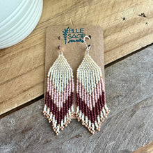 Load image into Gallery viewer, Pink and Cream Chevron Beaded Fringe Earrings, Tea Rose, Oxblood, Alabaster, Rose Gold
