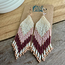 Load image into Gallery viewer, Pink and Cream Chevron Beaded Fringe Earrings, Tea Rose, Oxblood, Alabaster, Rose Gold
