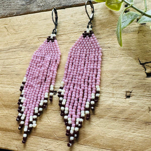 Pink Mauve and Burgundy Oxblood Beaded Fringe Earrings