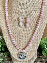 Load image into Gallery viewer, Pink Opal Beaded Necklace with Silver Heart Pendant and Matching Earrings
