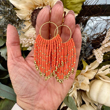 Load image into Gallery viewer, Pumpkin Orange and Gold Beaded Fringe Hoop Earrings
