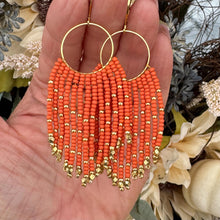 Load image into Gallery viewer, Pumpkin Orange and Gold Beaded Fringe Hoop Earrings
