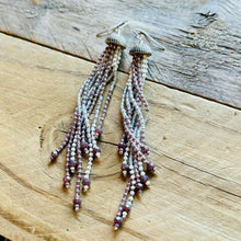 Load image into Gallery viewer, Beaded Fringe Earrings, Purple, Lilac, Grey, Silver and White Tassels
