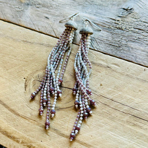 Beaded Fringe Earrings, Purple, Lilac, Grey, Silver and White Tassels