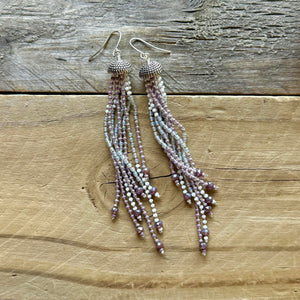 Beaded Fringe Earrings, Purple, Lilac, Grey, Silver and White Tassels