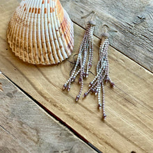 Load image into Gallery viewer, Beaded Fringe Earrings, Purple, Lilac, Grey, Silver and White Tassels
