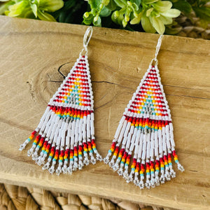 Beaded Fringe Earrings, Rainbow Chevron, White, Red, Orange, Yellow, Turquoise, Silver