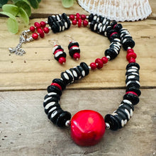 Load image into Gallery viewer, Red, Blacd and White Beaded Statement Necklace with Matching Earrings
