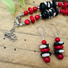 Load image into Gallery viewer, Red, Blacd and White Beaded Statement Necklace with Matching Earrings
