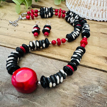 Load image into Gallery viewer, Red, Blacd and White Beaded Statement Necklace with Matching Earrings
