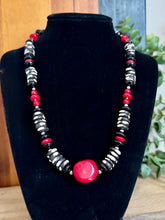Load image into Gallery viewer, Red, Blacd and White Beaded Statement Necklace with Matching Earrings
