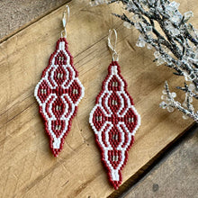 Load image into Gallery viewer, Moroccan Tile Beaded Earrings, Cranberry Red, White and Silver, Boho Chic, Handmade (Copy)
