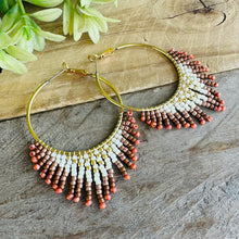 Load image into Gallery viewer, Brass Hoop Earrings with Rust, Off-White and Gold Accents, Beaded
