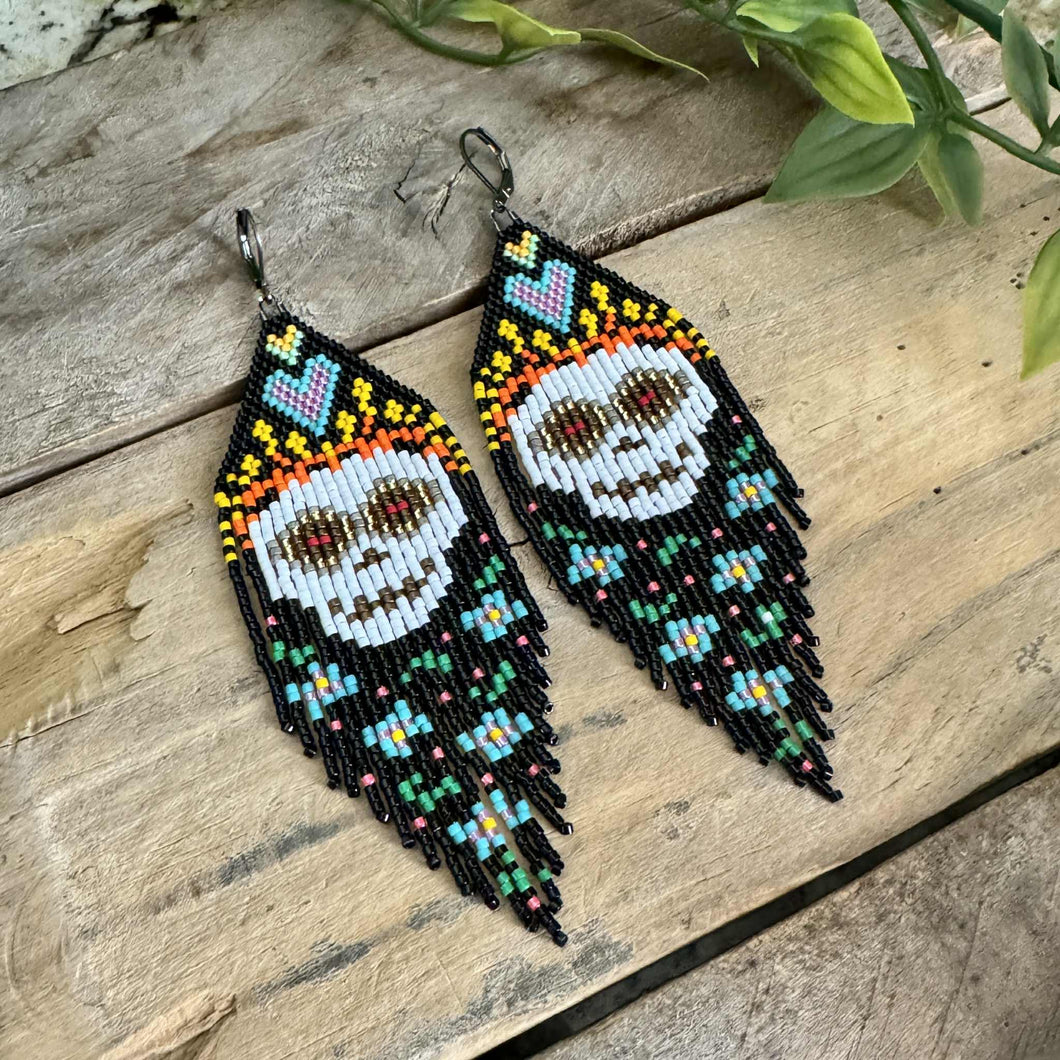 Colorful Sugar Skull Beaded Fringe Miyuki Delica Earrings
