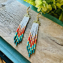 Load image into Gallery viewer, Sunrise Fringe Petite Dangle Seed Bead Earrings with Brass Sunburst, White, Pink, Orange, Turquoise, Teal, Yellow
