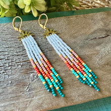 Load image into Gallery viewer, Sunrise Fringe Petite Dangle Seed Bead Earrings with Brass Sunburst, White, Pink, Orange, Turquoise, Teal, Yellow
