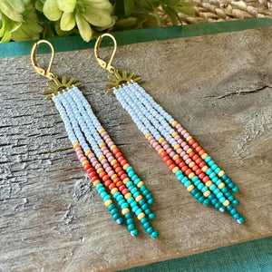 Sunrise Fringe Petite Dangle Seed Bead Earrings with Brass Sunburst, White, Pink, Orange, Turquoise, Teal, Yellow