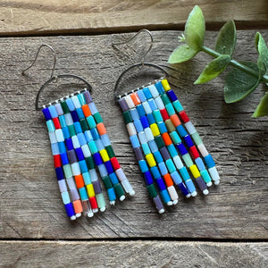 Patchwork Glass Earrings on Silver Arch, Multi-colored