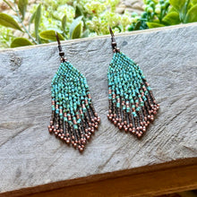 Load image into Gallery viewer, Turquoise, Copper and Bronze Traditional Beaded Fringe Earrings
