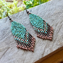 Load image into Gallery viewer, Turquoise, Copper and Bronze Traditional Beaded Fringe Earrings
