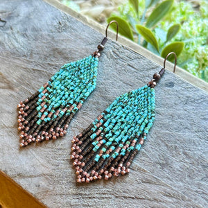 Turquoise, Copper and Bronze Traditional Beaded Fringe Earrings