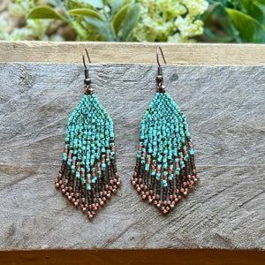 Turquoise, Copper and Bronze Traditional Beaded Fringe Earrings