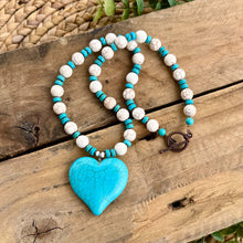 Load image into Gallery viewer, Chunky Heart Statement Necklace, imitation Turquoise and Cream Beads with Antique Copper Findings
