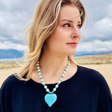 Load image into Gallery viewer, Chunky Heart Statement Necklace, imitation Turquoise and Cream Beads with Antique Copper Findings
