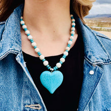 Load image into Gallery viewer, Chunky Heart Statement Necklace, imitation Turquoise and Cream Beads with Antique Copper Findings
