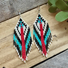 Load image into Gallery viewer, Turquoise, Red, Black and Cream Traditional Seed Bead Fringe Earrings, Miyuki Delica
